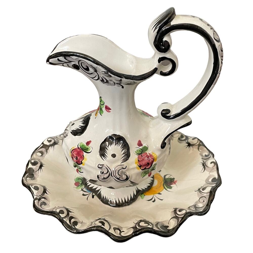 Vintage Portugal Pottery Pitcher & Bowl Plate Vestal Alcobaca Hand Painted READ